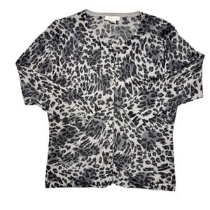 Garnet Hill Merino Wool Button Front Cardigan Sweater Leopard‎ Print Womens Sz S